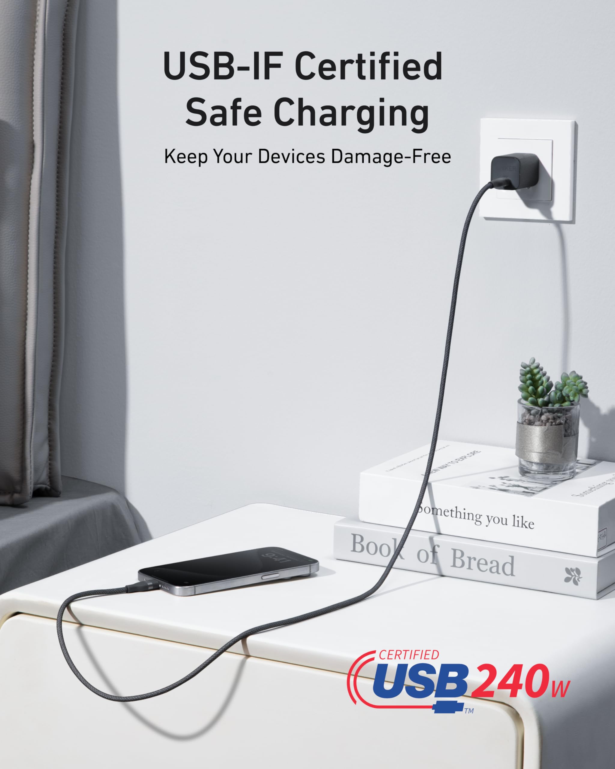 Anker USB-C to USB-C Cable (3 ft / 6 ft, 240W, Upcycled-Braided, 2-Pack)