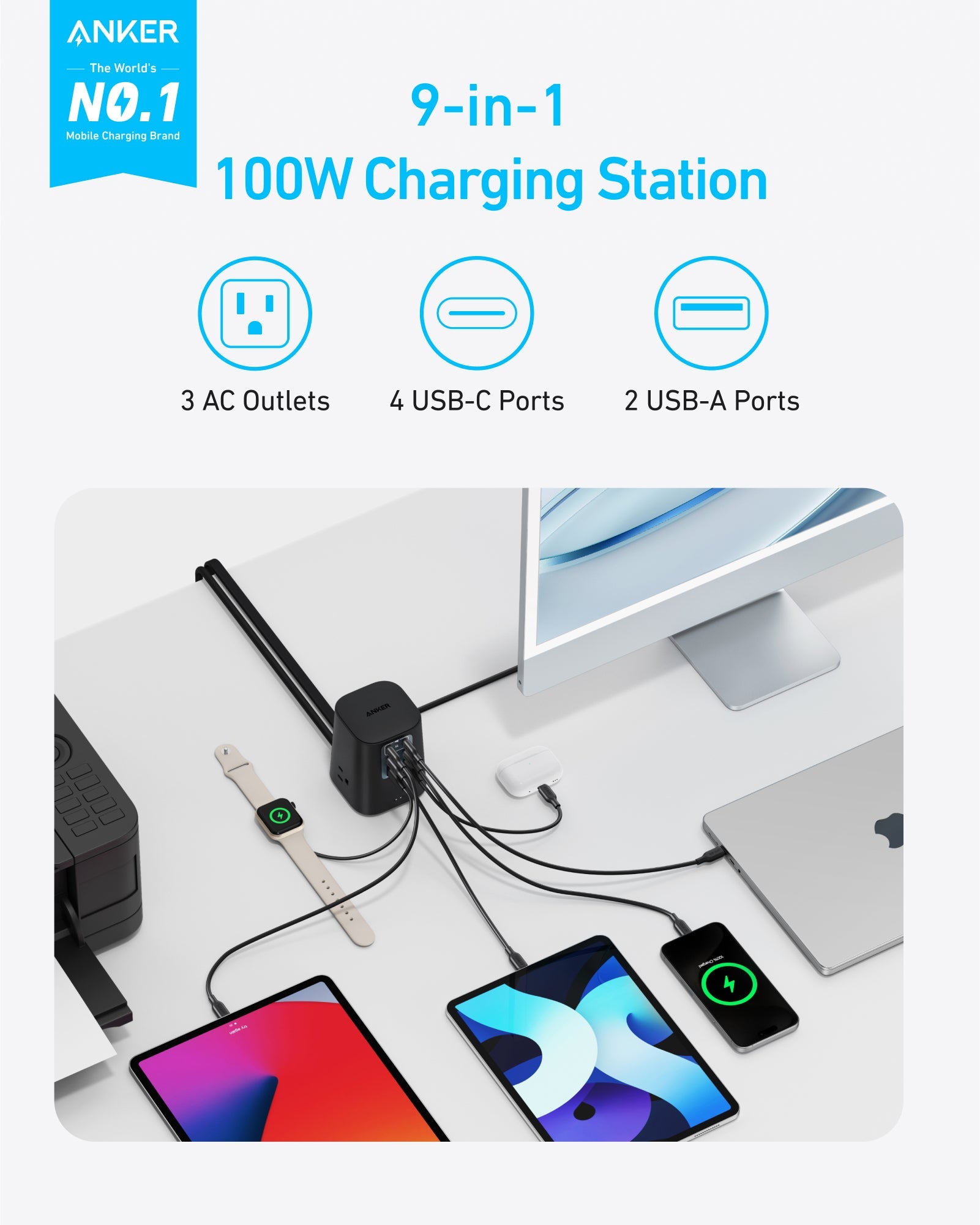 Anker 100W charging station with multiple devices, watch and tablet