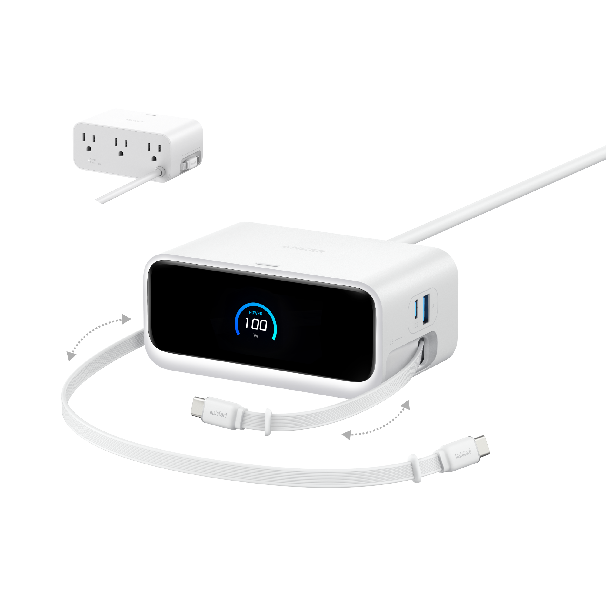 Anker charging station with smart display showing 100W power.